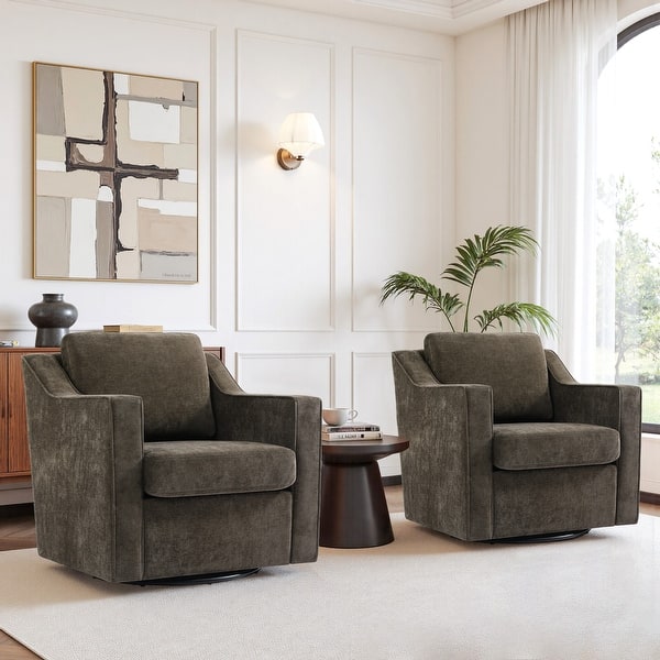 slide 2 of 12, Modern Swivel Upholstered Armchair Accent chair Set of 2 CHENILLE LIGHT COFFEE