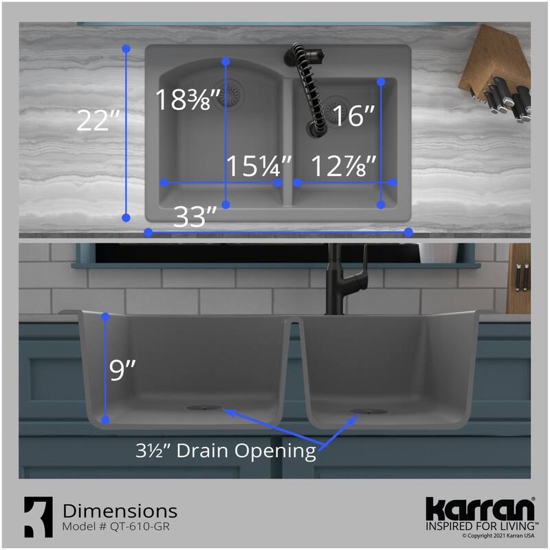 Karran USA QT-610-PK1 Quartz QT 33" Drop In Double Basin Quartz