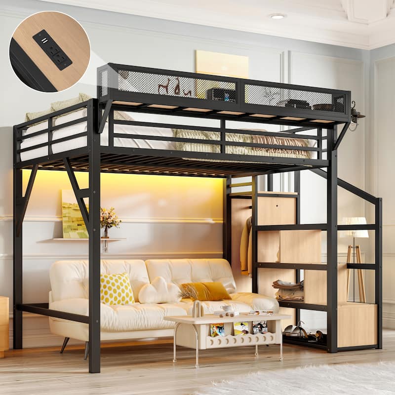 Full Loft Bed with Storage Stairs, Shelves and Built-in Wardrobe, Metal Loft Bed Frame with USB Ports and LED Lights - Natural Wood