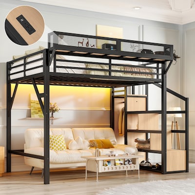 Full Loft Bed with Storage Stairs, Shelves and Built-in Wardrobe, Metal Loft Bed Frame with USB Ports and LED Lights