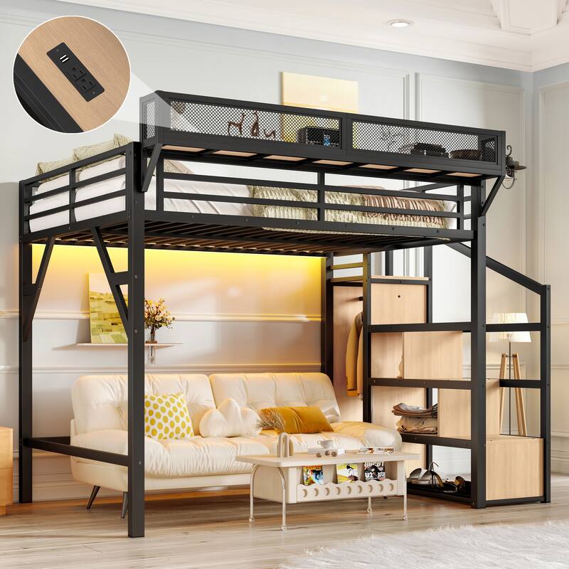 Full-Size Loft Bed with Storage Stairs – Built-In Wardrobe, Shelves & LED Lighting, Includes USB Ports & Noise-Reduced Design