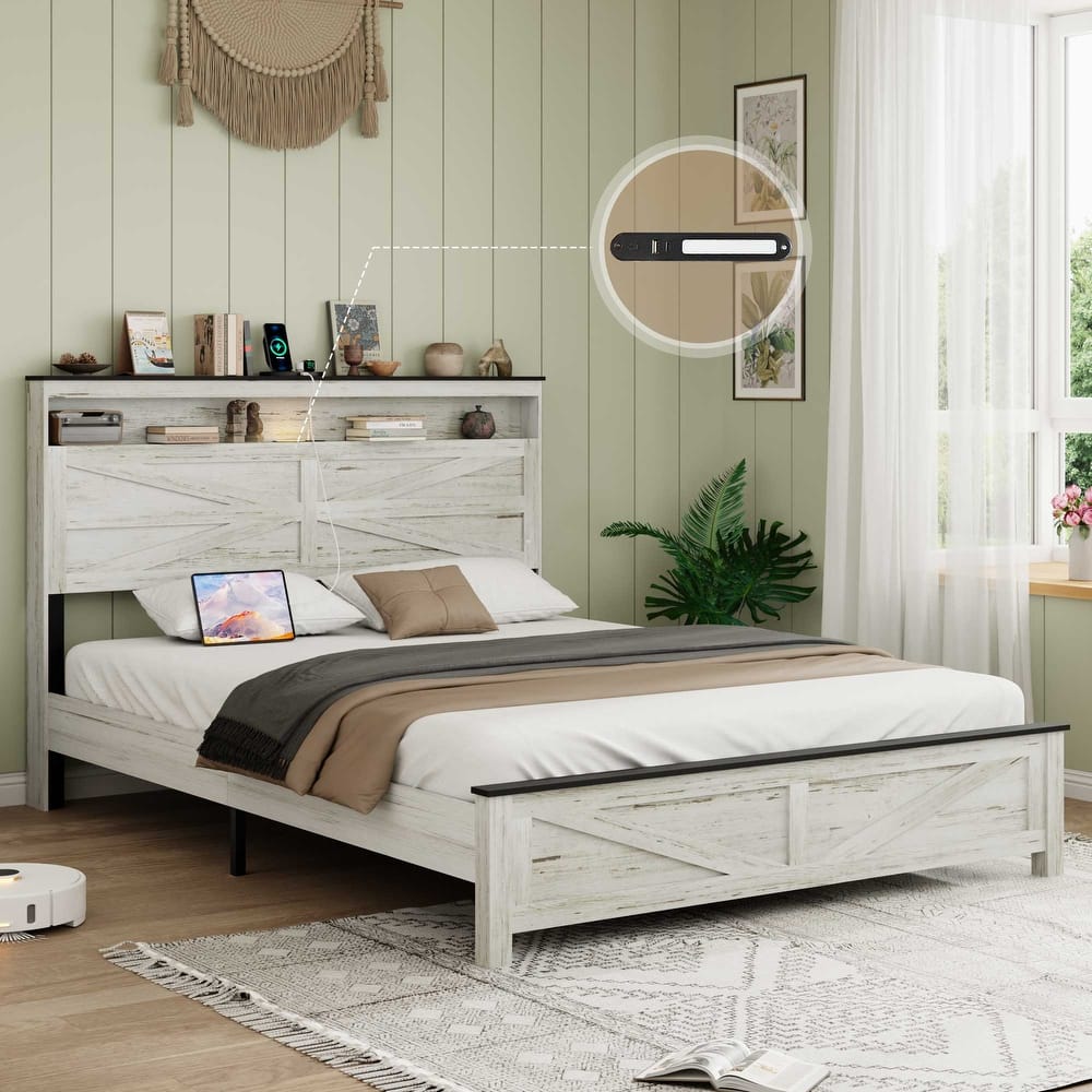 Wooden Low Profile Bed Frame with Metal Slats Support, Rural Platform Bed with Storage Headboard Bulit-in Charging Station