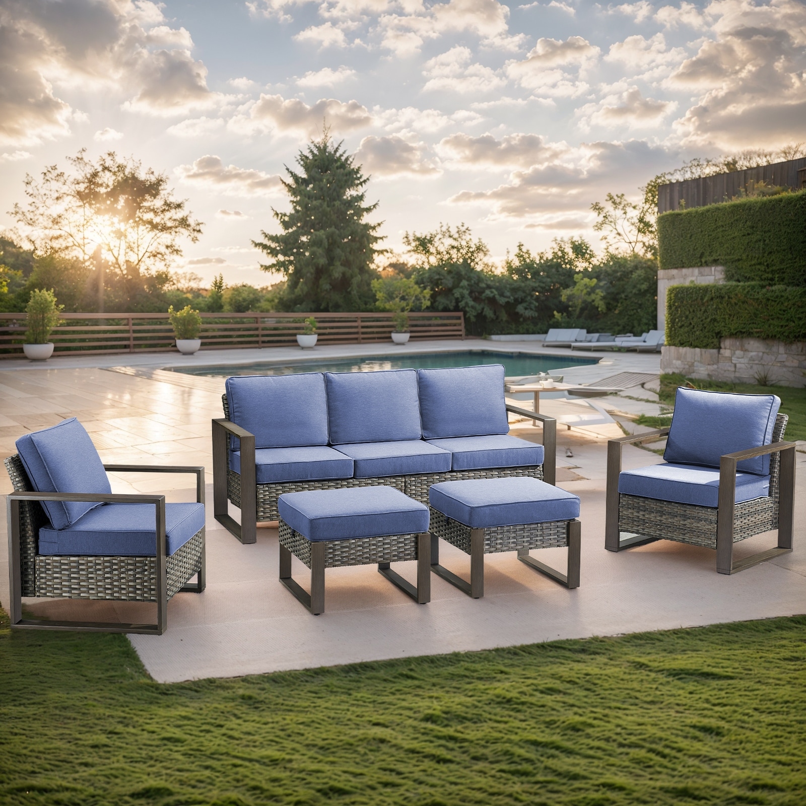 Gymojoy Patio High Back Sofa with Club Chair and Ottomans - Grey Wicker