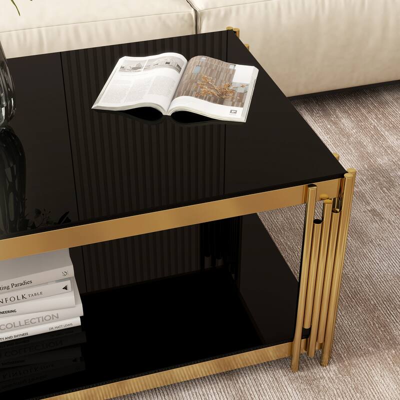 47"Rectangular Gold Glass Double-Layer Coffee Table, Black Tempered Glass Tabletop, Gold Stainless Steel Metal Legs