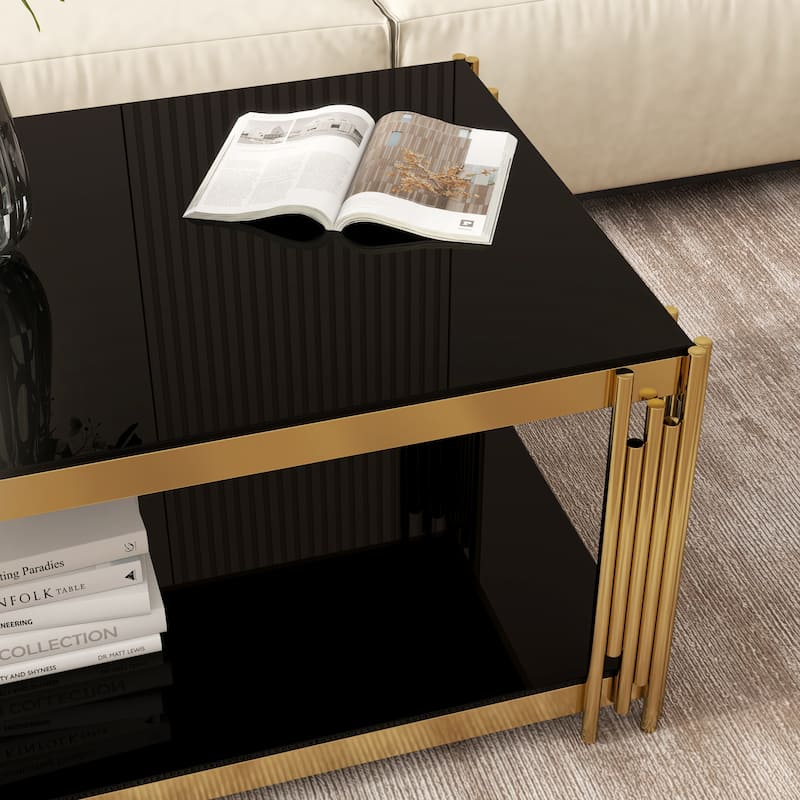 Gold Glass Double-layer Sofa Side Table, Coffee Table with 2-Tier Storage, Living Room Center Table Accent Table