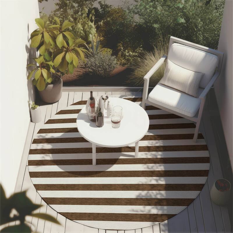 Machine Washable Indoor/ Outdoor Cabana Stripe Chantille Rug - Chocolate - 8' x 8'