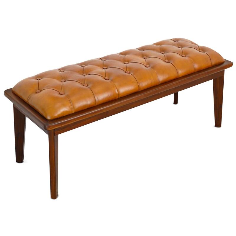 GDFStudio - Arden Modern Genuine Leather Bench with Button Seat & Solid Wood Legs - 49.61"W