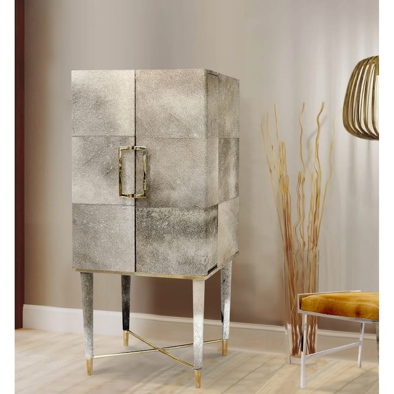 Pasargad Home Safari Steel & Cowhide Contemporary Bar Cabinet - W28"XD18"XH61.5"