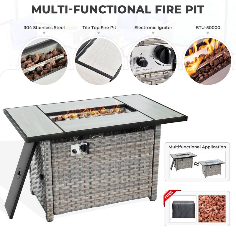 HOOOWOOO 10-piece Outdoor Furniture Rattan Sectional Set with Fire Pit Table.