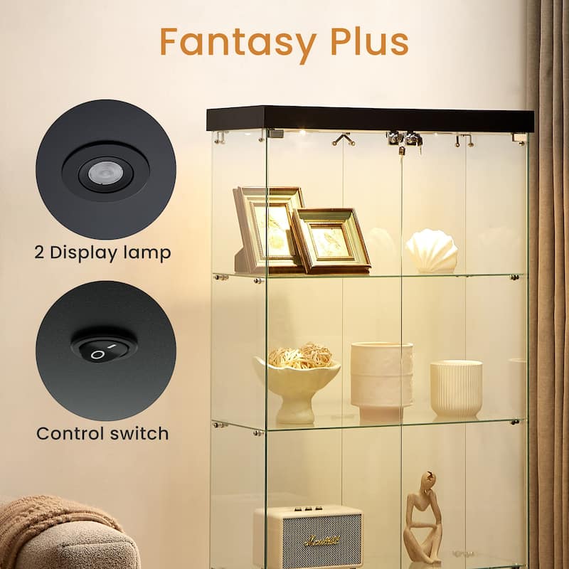 4-Tier Glass Display Cabinet, Double Door Glass Cabinet, Four Partitions, Two Locks, Floor Standing Storage Cabinet