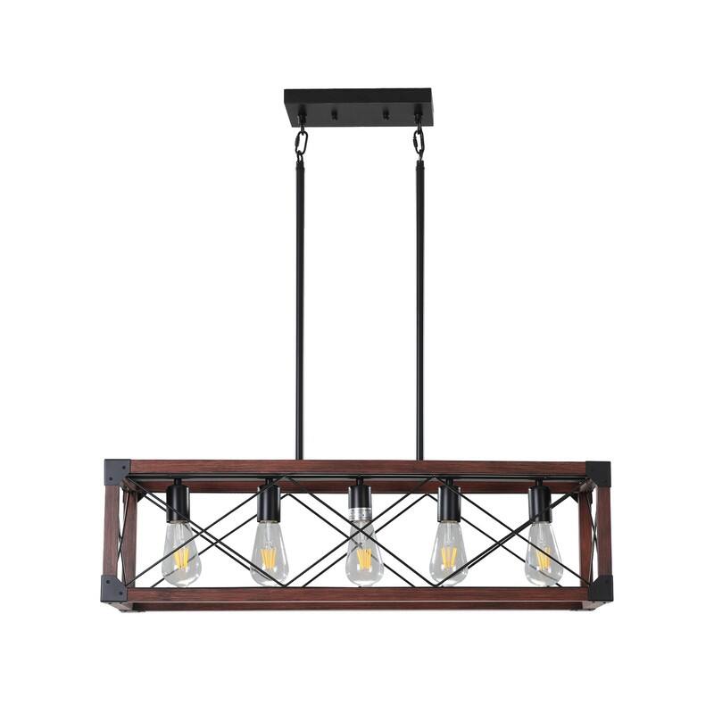 32-Inch Red Wood Industrial Farmhouse Rectangular Pendant Light – Five-Light Chandelier (No Bulbs) - 32"