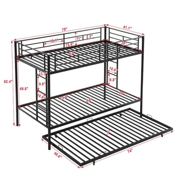 Black Twin over Twin Metal Bunk Bed with Trundle and Two Ladders, Easy Assembly