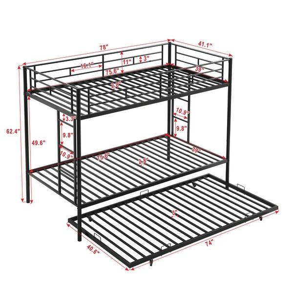 dimension image slide 0 of 3, Twin over Twin Metal Bunk Bed with Trundle and Two Ladders, Easy Assembly