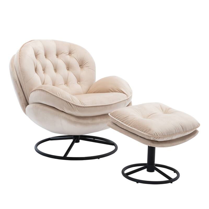 Velvet Swivel Accent Chair with Ottoman & Metal Legs (360° Rotation)