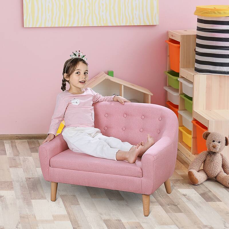 Qaba Kids Sofa Linen Fabric Wooden 2 Seat Armrest Children Chair Cozy - Pink
