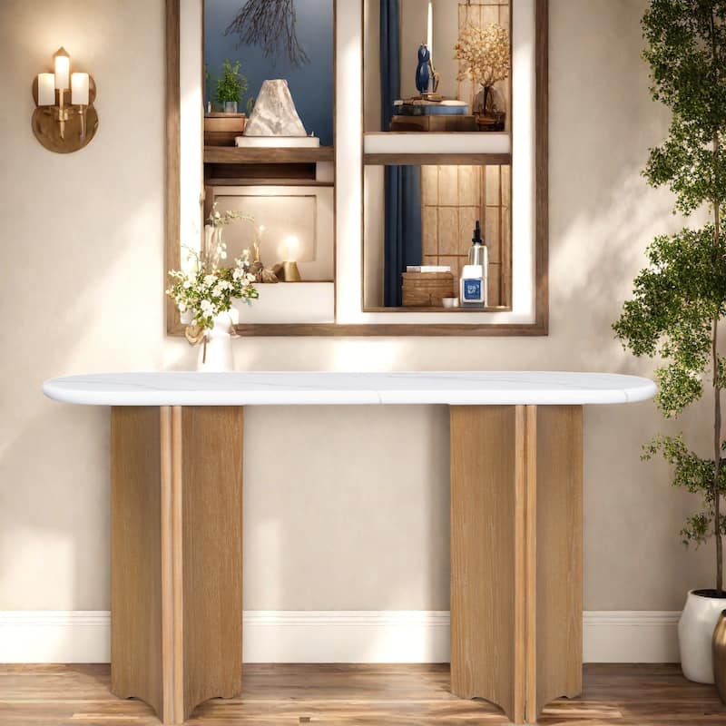 53.9" MDF Console Table with Faux Marble Top and Wooden Base for Living Room - Natural+White