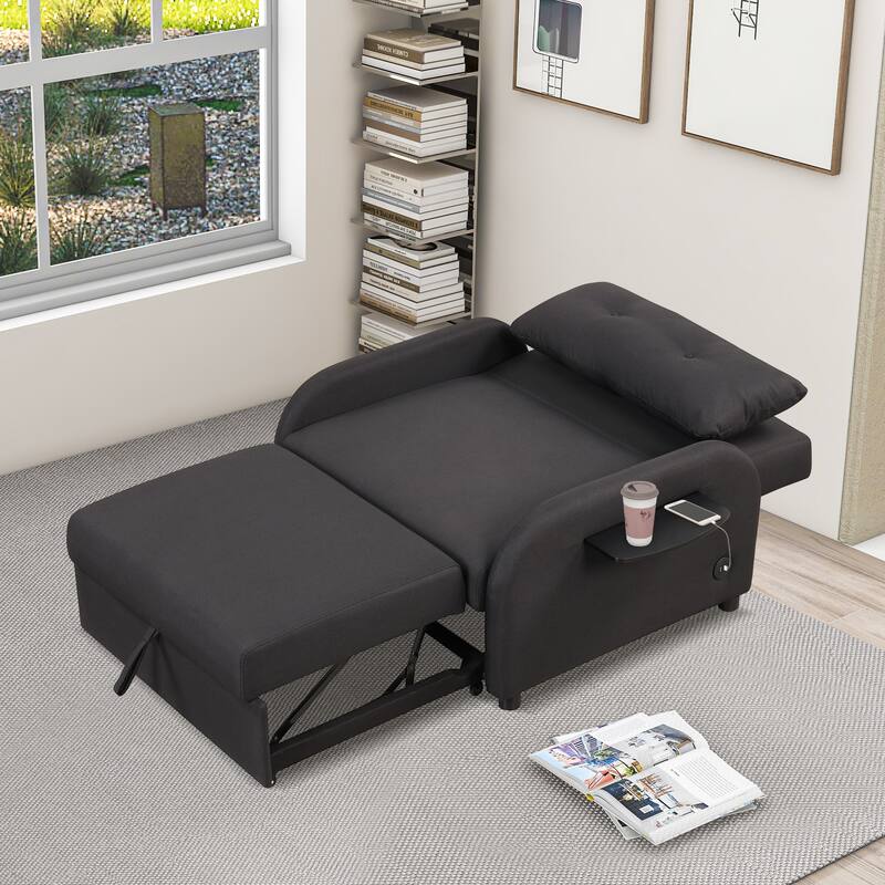 Roomfitters 3-in-1 Pull-Out Sofa Sleeper with 2-Wing Table USB Charging Port for Living Room Recreation Room