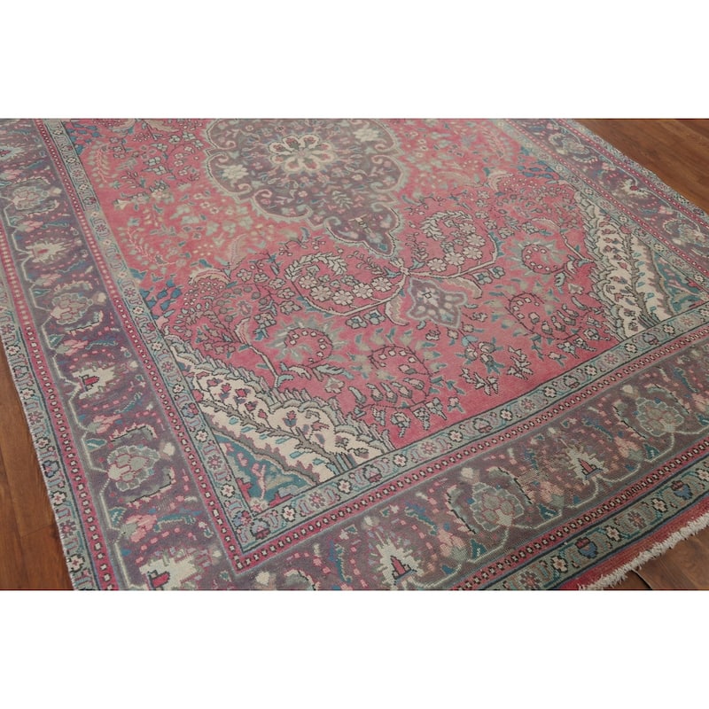 Pink Tabriz Persian Vintage Rug Hand-Knotted Living Room Wool Carpet - 6'8"x 10'6"