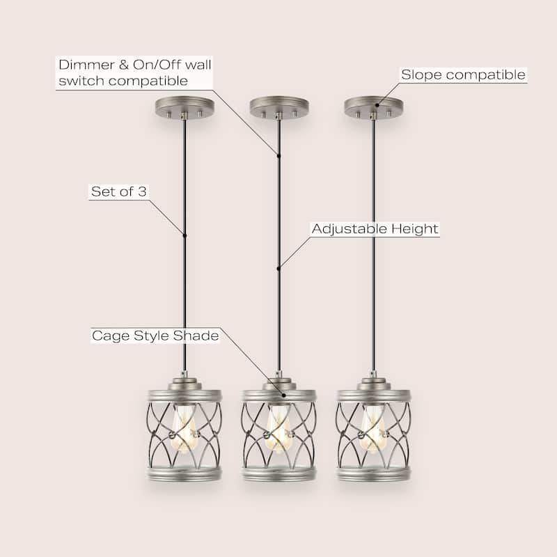 Helisa 6.5" 1-Light Farmhouse Industrial Iron Filigree Caged Jar LED Pendant, (Set of 3) by JONATHAN Y