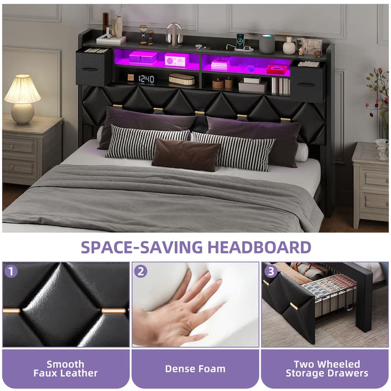 Black Farmhouse Bed Frame Upholstered Headboard Platform Bed with Charging Station