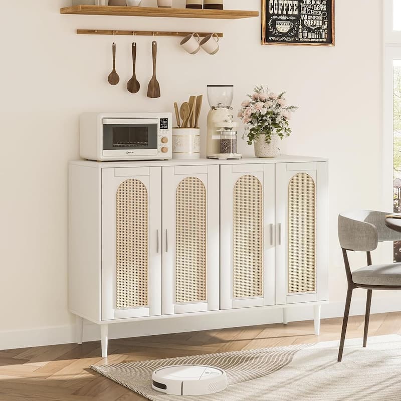 Rattan Sideboard Buffet Cabinet With Power Outlet, BOHO Wooden Side board With 4 Doors