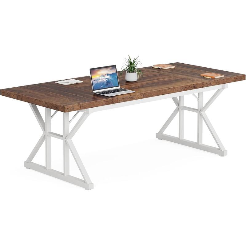 71" Dining Table for 6, Rustic Rectangular Kitchen Table with X-Trestle Metal Legs, Wood Top Dinner Table for Dining Room