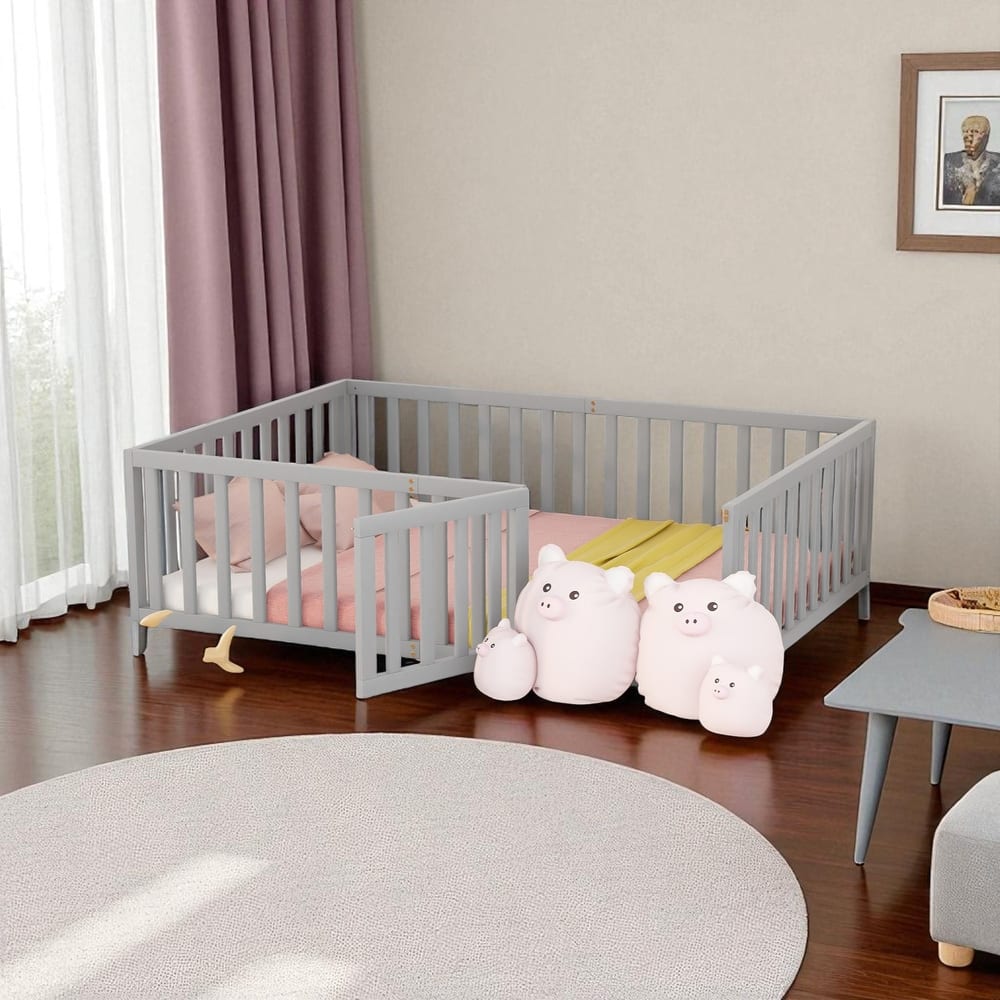 Full Size Wooden Floor Bed Frame with Fence and Door, Montessori Daybed for Kids, No Slats Needed