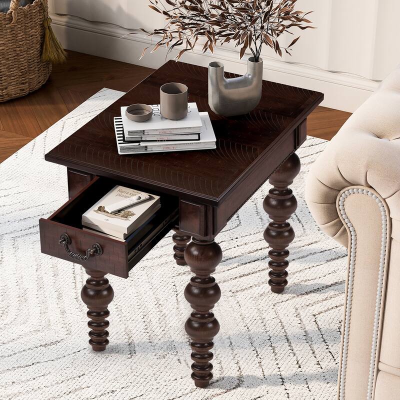 Wooden Sofa End Side Table, Coffee Table Set of 3 with Storage Drawers, Accent Table with Gourd-Shaped Legs
