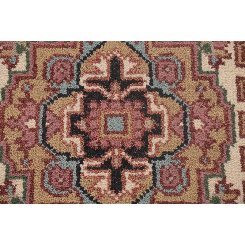 Geometric Beige Heriz Serapi Runner Rug Hand-Knotted Wool Carpet - 2'7"x 7'11"
