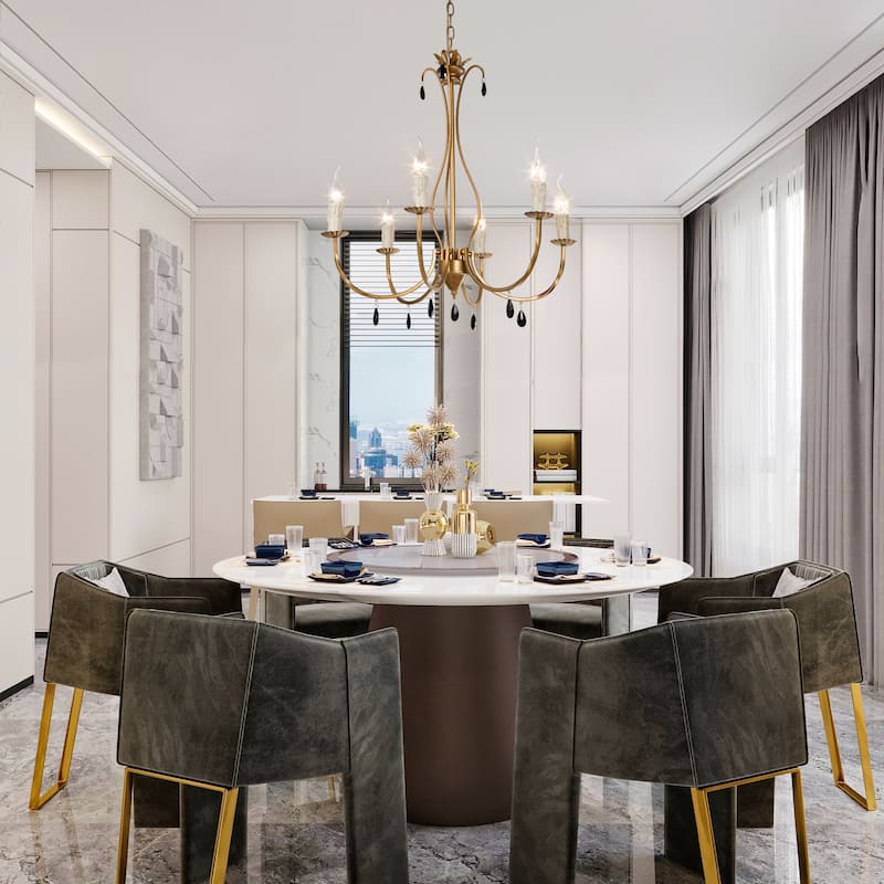 Farmhouse 6-Light Brushed Gold Classic Crystal Chandelier - W 23"x D 23"x H 24"