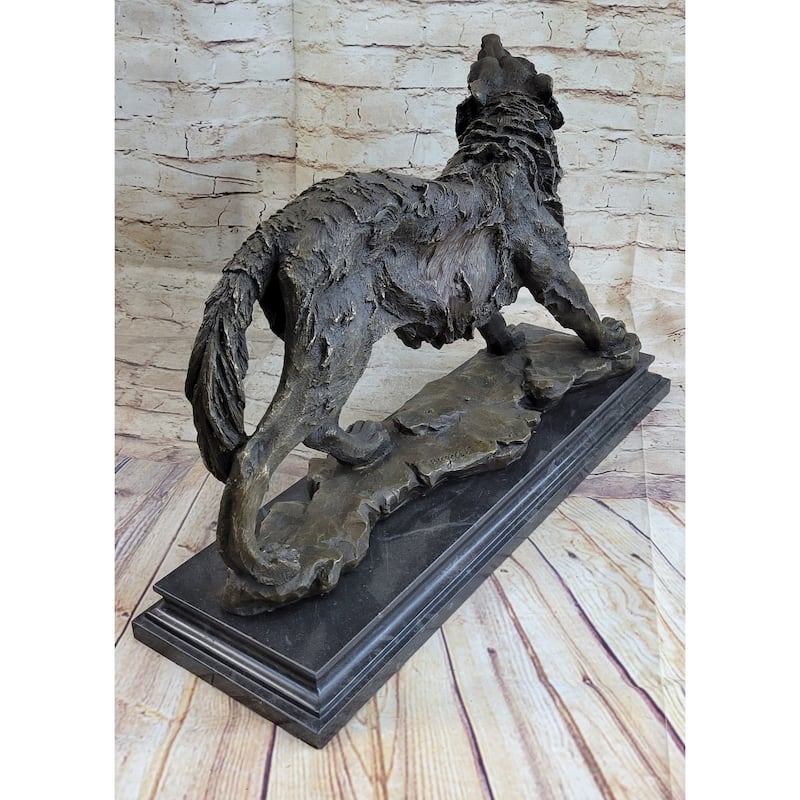 Fierce Wolf Howling Canine Bronze Sculpture Statue Art On Marble Base