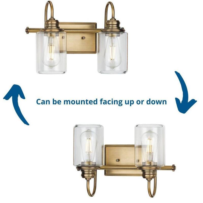 Aiken Collection Two-Light Vintage Style Brass Clear Glass Farmhouse Style Bath Vanity Wall Light - 14.625 in x 7 in x 9.875 in