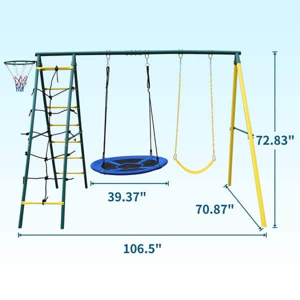 Outdoor Backyard Playground Swing Set with Ladder and Basketball Hoop