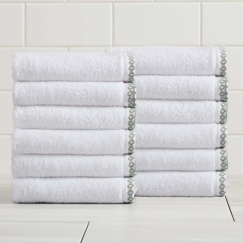 Linery & Co. Quick-Dry Cotton and Decorative Border Towel Set - Washcloth (Pack of 12) - White / Eucalyptus