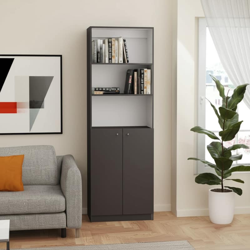 HomeRoots 71" Gray And White Wood Three Tier Bookcase with Two Doors - White/Gray