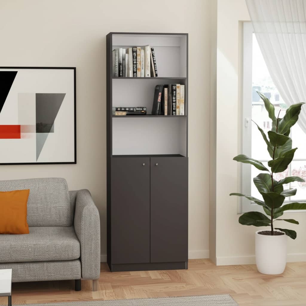 HomeRoots 71" Gray And White Wood Three Tier Bookcase with Two Doors