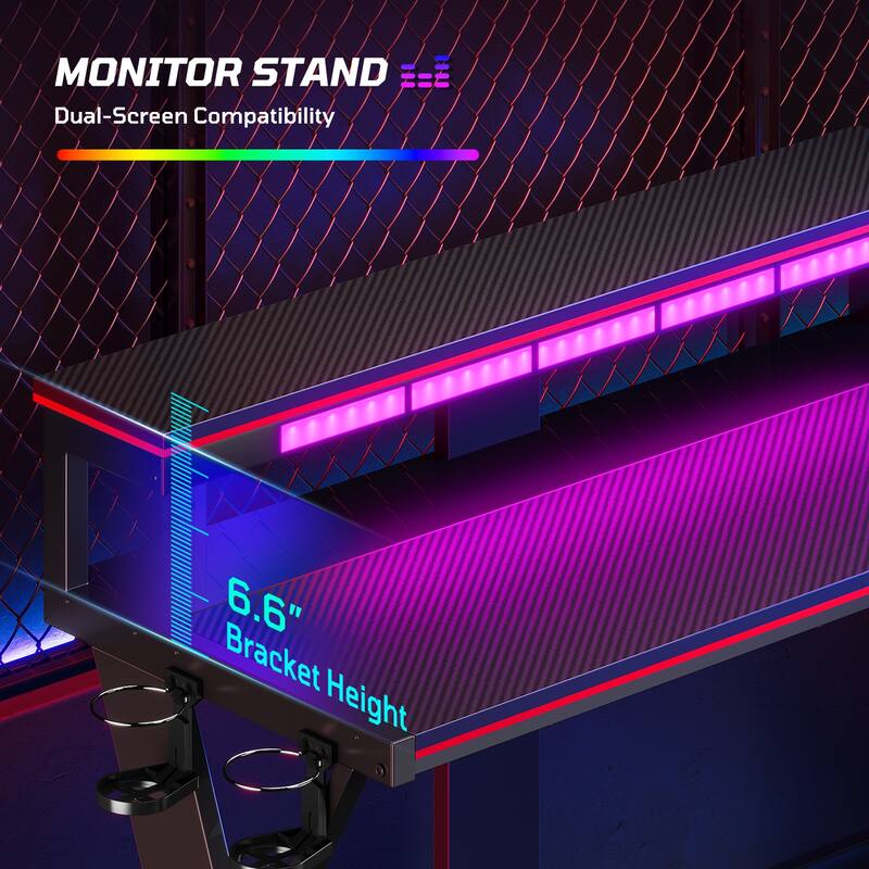 57 in. L Shape Gaming Desk with LED Lights Monitor Stand Power Outlets Cup Holder and Headphone Hook