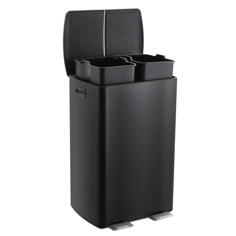 16-Gallon Dual Compartment Kitchen Recycling Station with Soft-Close Lids and Removable Buckets Black - Black