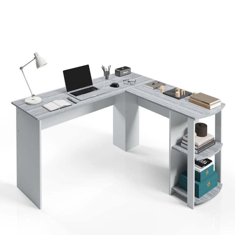 Modern L-Shaped Desk with Side Shelves, Grey