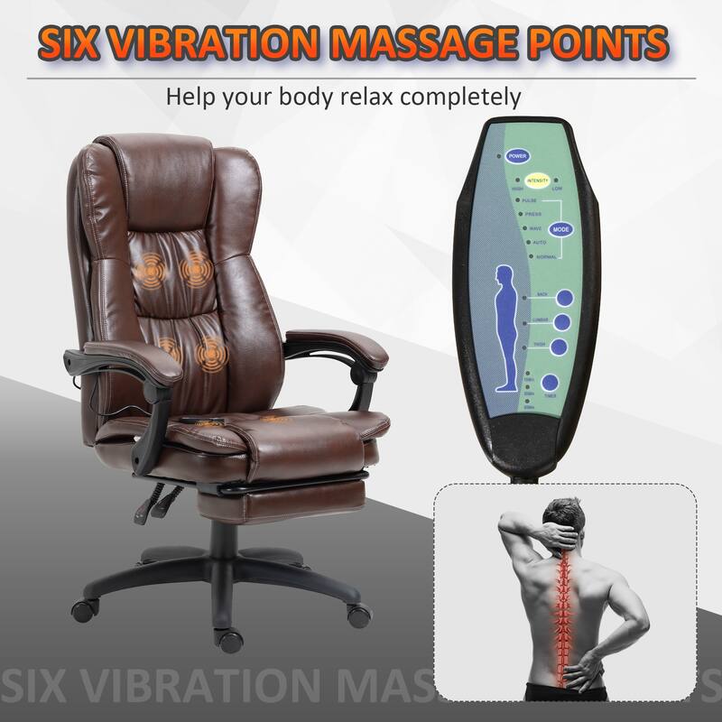 PU Leather Swivel High Back Massage Office Recliner Chair with 6-Point Vibration, Reclining Back, Retractable Footrest