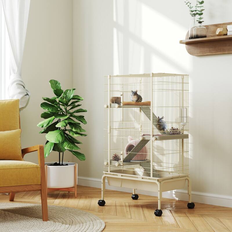 4-Tiers Beige Steel and PP Small Animal Chinchilla Cage with Platforms Ramps Food Dish and Water Bottle
