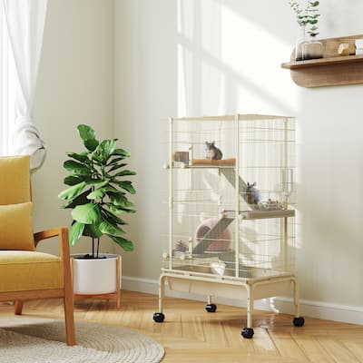 4-Tiers Beige Steel and PP Small Animal Chinchilla Cage with Platforms Ramps Food Dish and Water Bottle