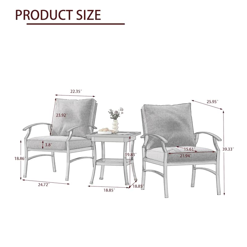3 Piece Patio Metal Armchair/Side Table Seating Group with Cushions