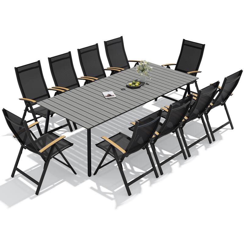 11-Piece Outdoor Patio Dining Set WPC Table Top Alumium Umbrella Hole Table with Folding Teak Armrest Chairs - Grey