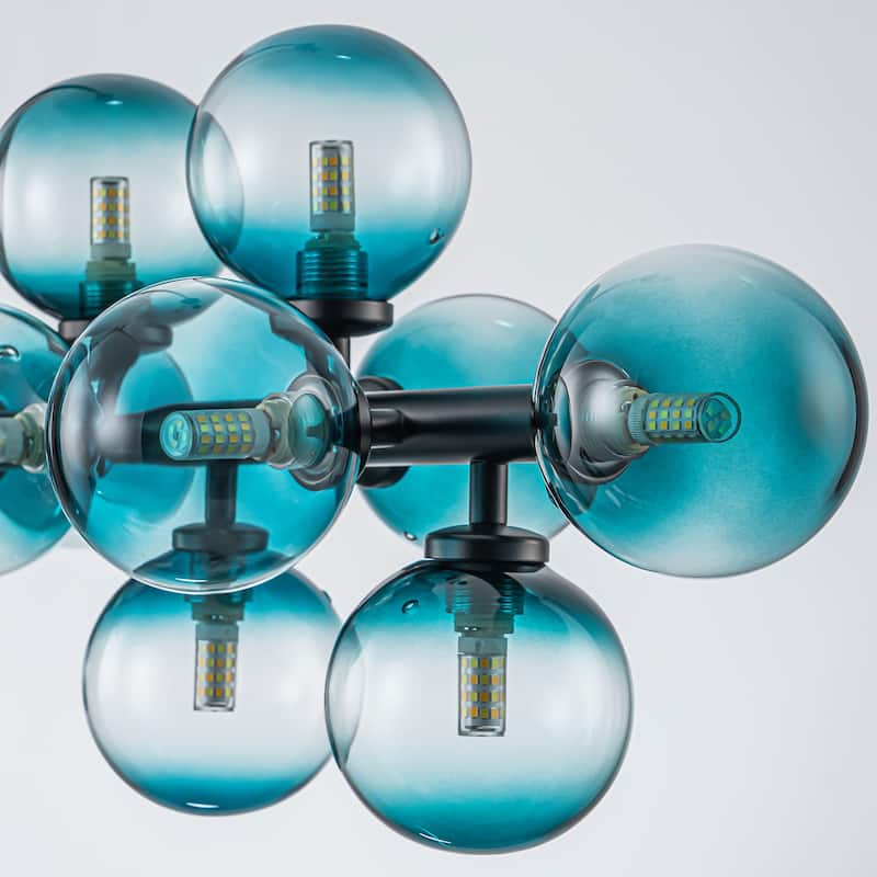 16-Light Modern Linear Cluster Gradient Blue Glass Globe Bubble Chandelier - 36.2 in. W x 11 in. H