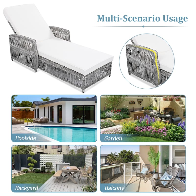 2 Pieces Long Reclining Chaise, Outdoor Wicker Lounge with Armrests, Patio Adjustable Recliner