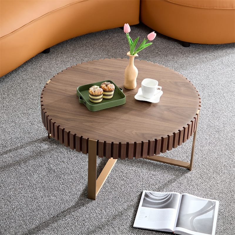 Modern 31.5" Round Coffee Table with Sturdy Metal Pedestal - Walnut