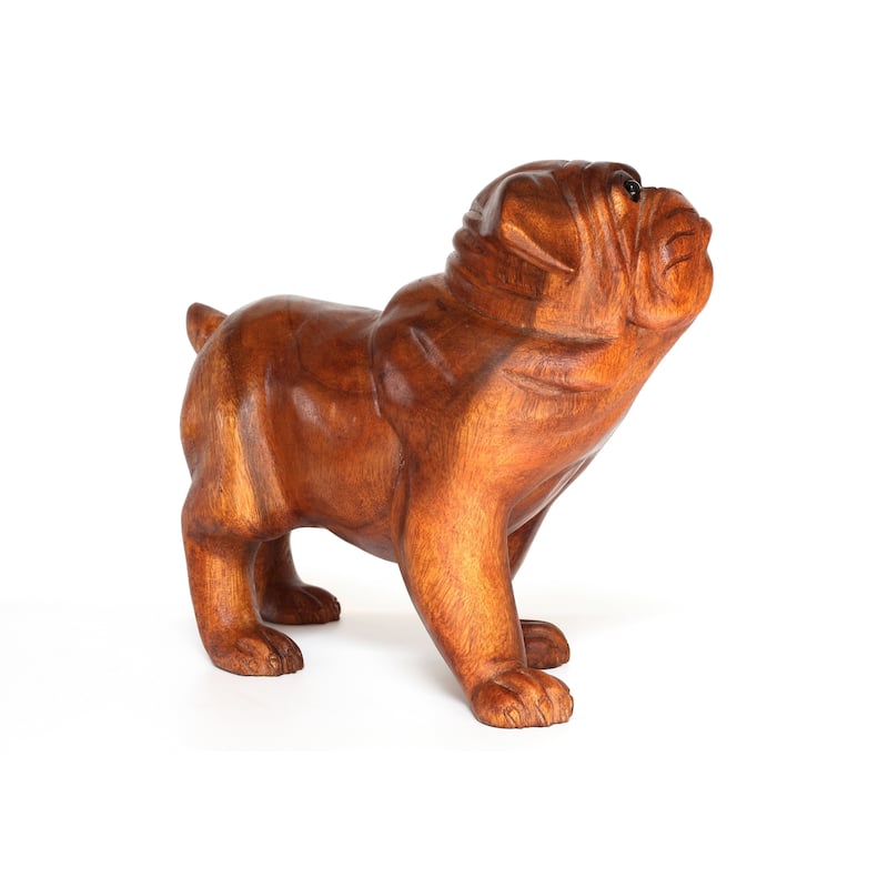 Wooden Hand Carved Walking Bulldog Statue Figurine Sculpture Art Rustic Home Decor Accent Handmade Handcrafted Wood Gift Dog