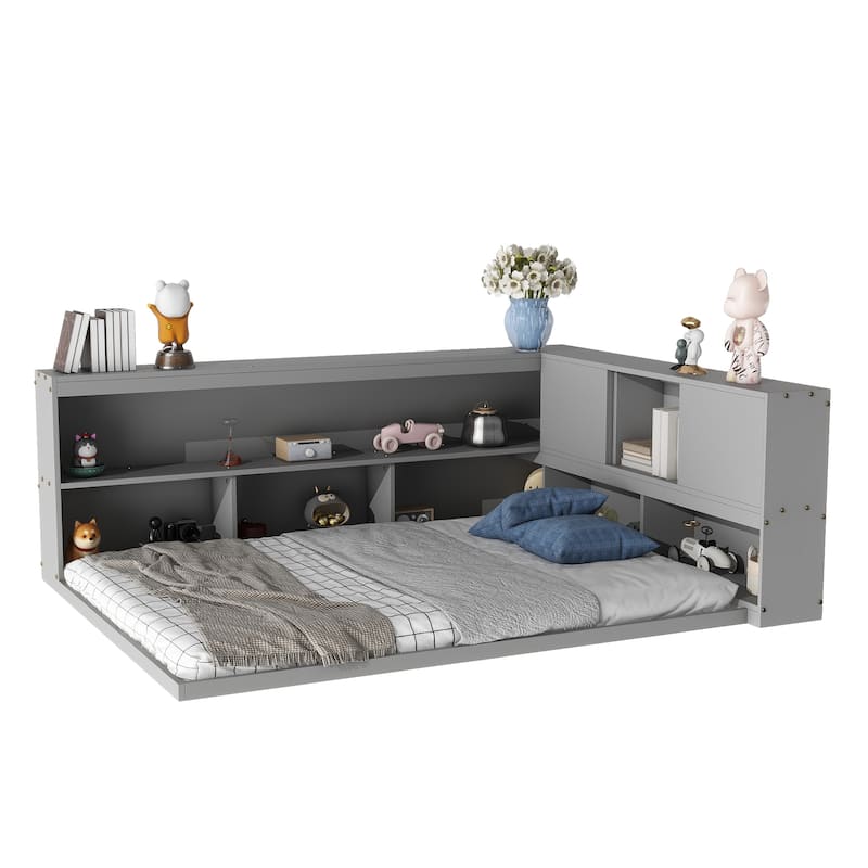 Full Size Wood Floor Bed with L-shaped Bookcases, sliding doors, without slats