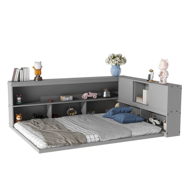 Modern Full Floor Bed with Built-in L-Shaped Bookshelves & Sliding Door Storage - No Box Spring Required